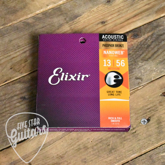 Elixir 16102 Phosphor Bronze Nanoweb Coated Acoustic Guitar Strings Medium 13-56