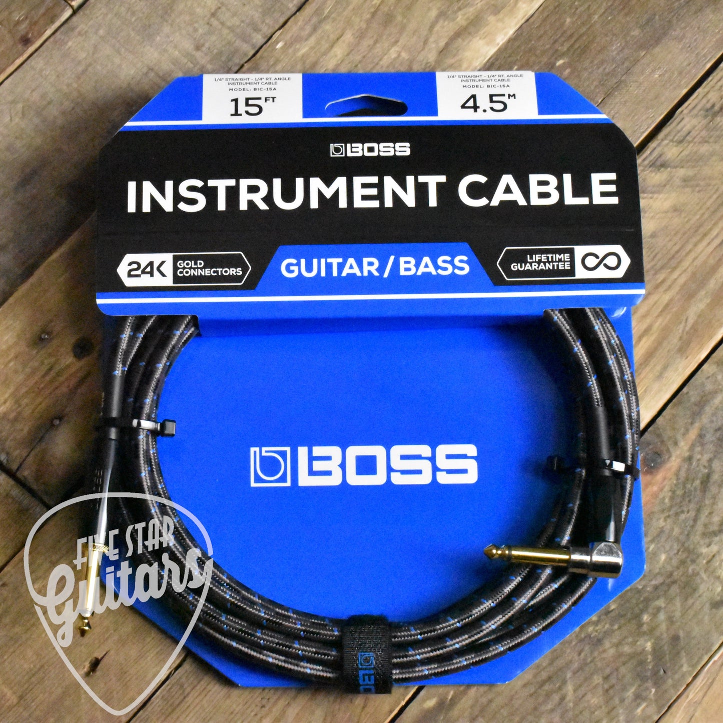 Boss BIC-15A Instrument Cable - 15ft/4.5M - Straight/Right Angle - 1/4" Jack