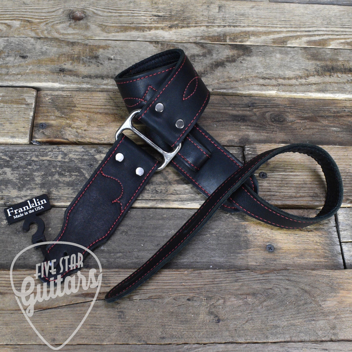 Franklin Leather & Chrome Guitar Strap 2" - Black with Red Stitching