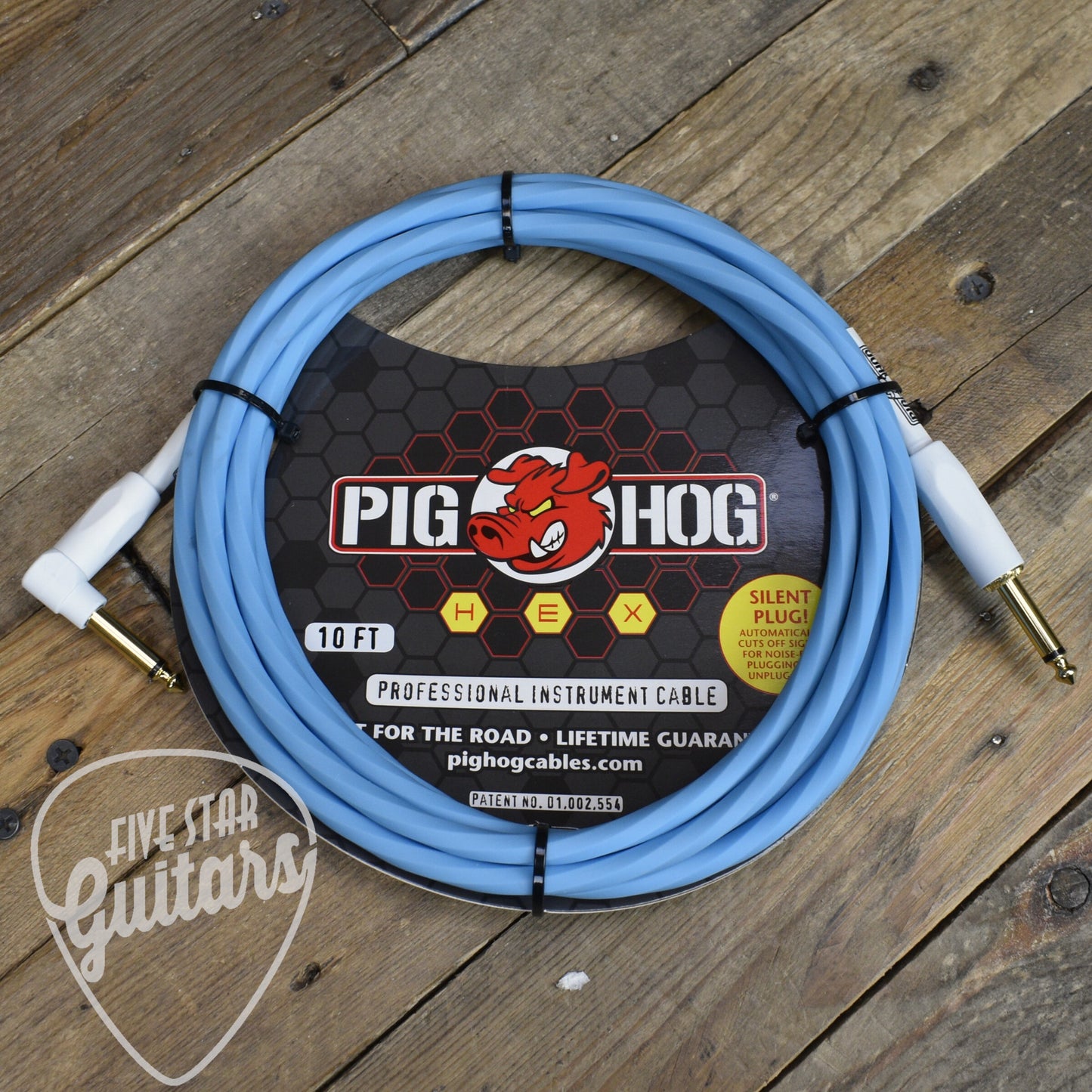 Pig Hog Hex Series Silent Cable 10 ft Daphne Blue Right Angle