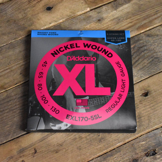 D'Addario XL EXL170-5SL Nickel Wound Electric 5-String Bass Guitar Strings Super Long Regular Light 45-130