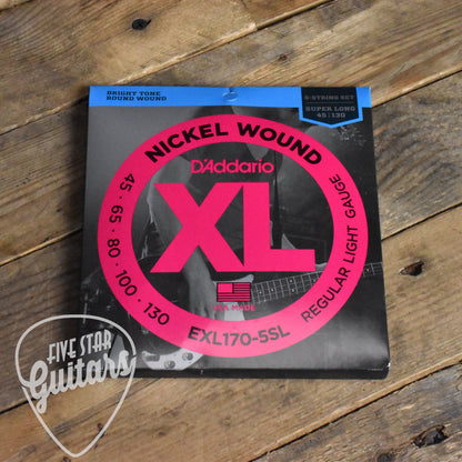 D'Addario XL EXL170-5SL Nickel Wound Electric 5-String Bass Guitar Strings Super Long Regular Light 45-130