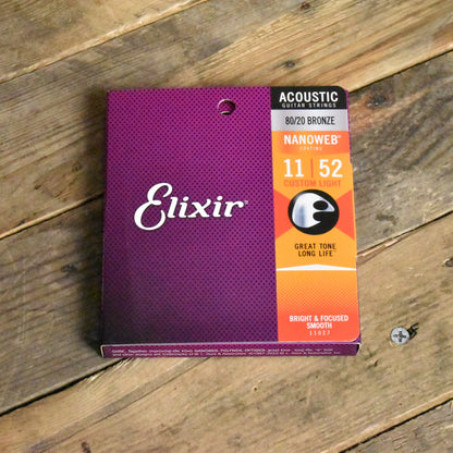 Elixir 11027 Nanoweb Coated 80/20 Bronze Acoustic Guitar Strings Custom Light 11-52