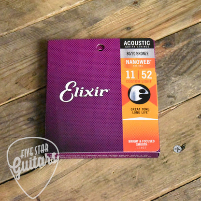 Elixir 11027 Nanoweb Coated 80/20 Bronze Acoustic Guitar Strings Custom Light 11-52