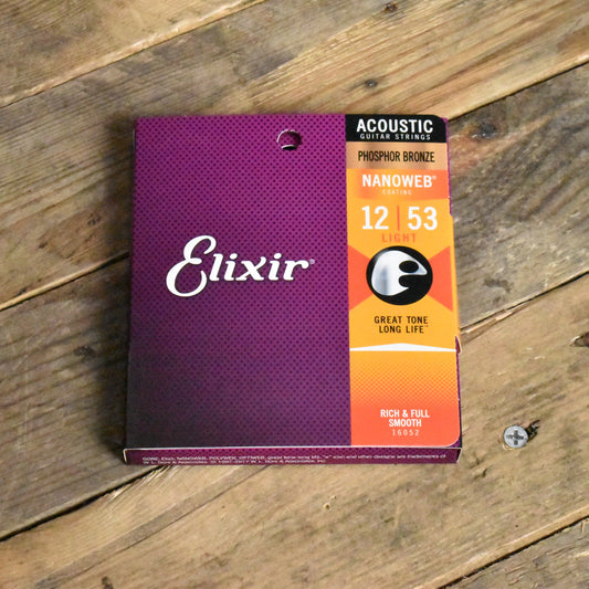 Elixir 16052 Phosphor Bronze Nanoweb Coated Acoustic Guitar Strings Light 12-53