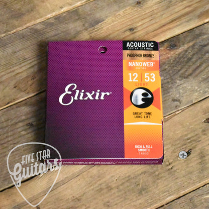 Elixir 16052 Phosphor Bronze Nanoweb Coated Acoustic Guitar Strings Light 12-53