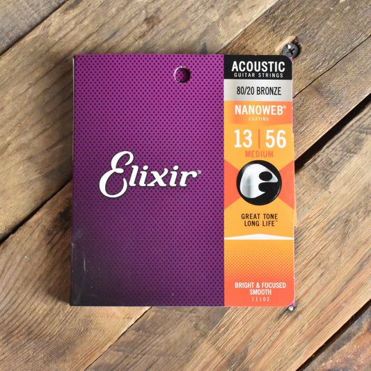 Elixir 11102 Nanoweb Coated 80/20 Bronze Acoustic Guitar Strings Medium 13-56