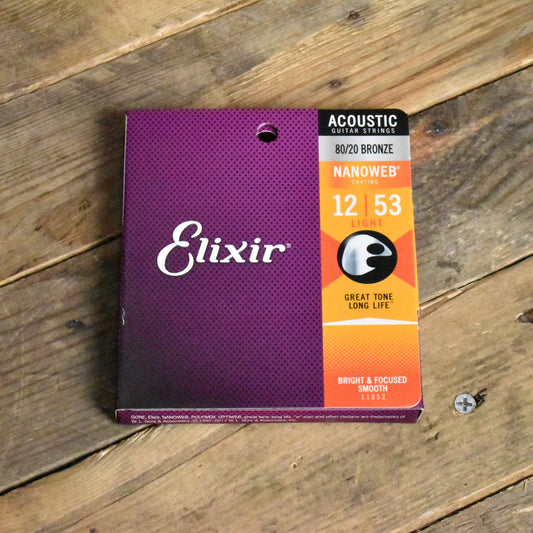 Elixir 11052 Nanoweb Coated 80/20 Bronze Acoustic Guitar Strings Light 12-53