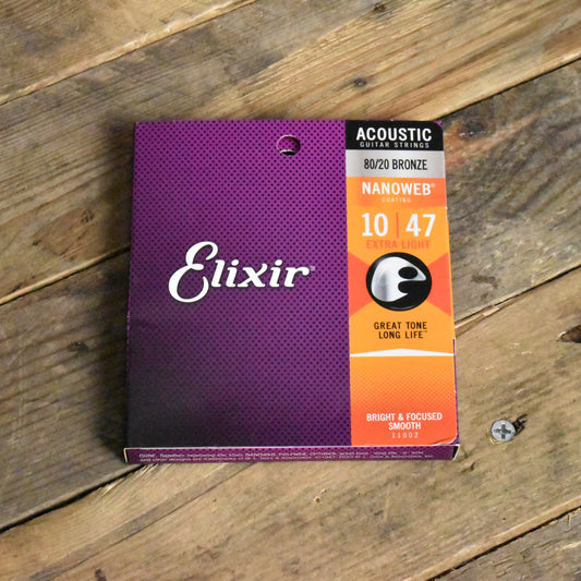 Elixir Nanoweb Coated 80/20 Bronze Acoustic Guitar Strings 11002 Extra Light 10-47