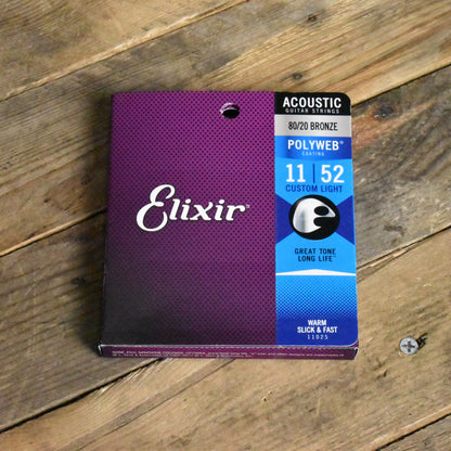 Elixir 11025 Polyweb Coated 80/20 Bronze Acoustic Guitar Strings Custom Light 11-52