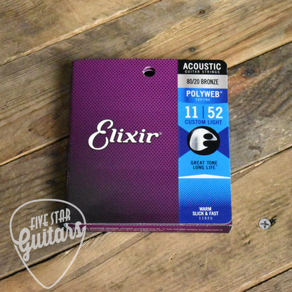 Elixir 11025 Polyweb Coated 80/20 Bronze Acoustic Guitar Strings Custom Light 11-52