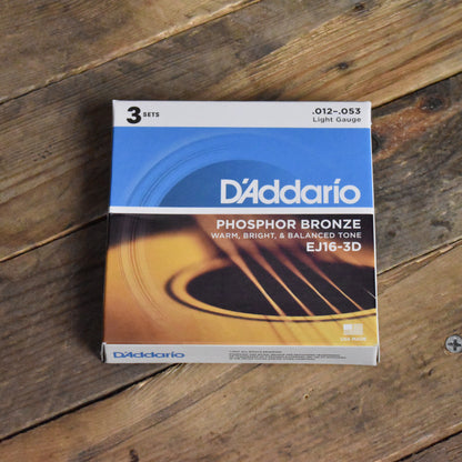 D'Addario  EJ16-3D 3-Pack Phosphor Bronze Acoustic Guitar Strings Light 12-53