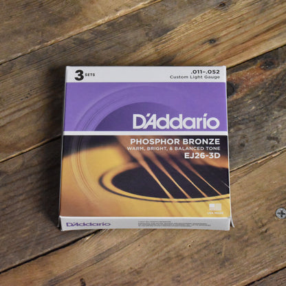 D'Addario EJ26-3D 3-Pack Phosphor Bronze Acoustic Guitar Strings Custom Lite 11-52