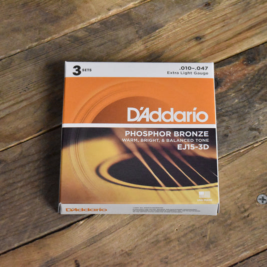 D'Addario EJ15-3D 3-Pack Phosphor Bronze Acoustic Guitar Strings Extra Light 10-47