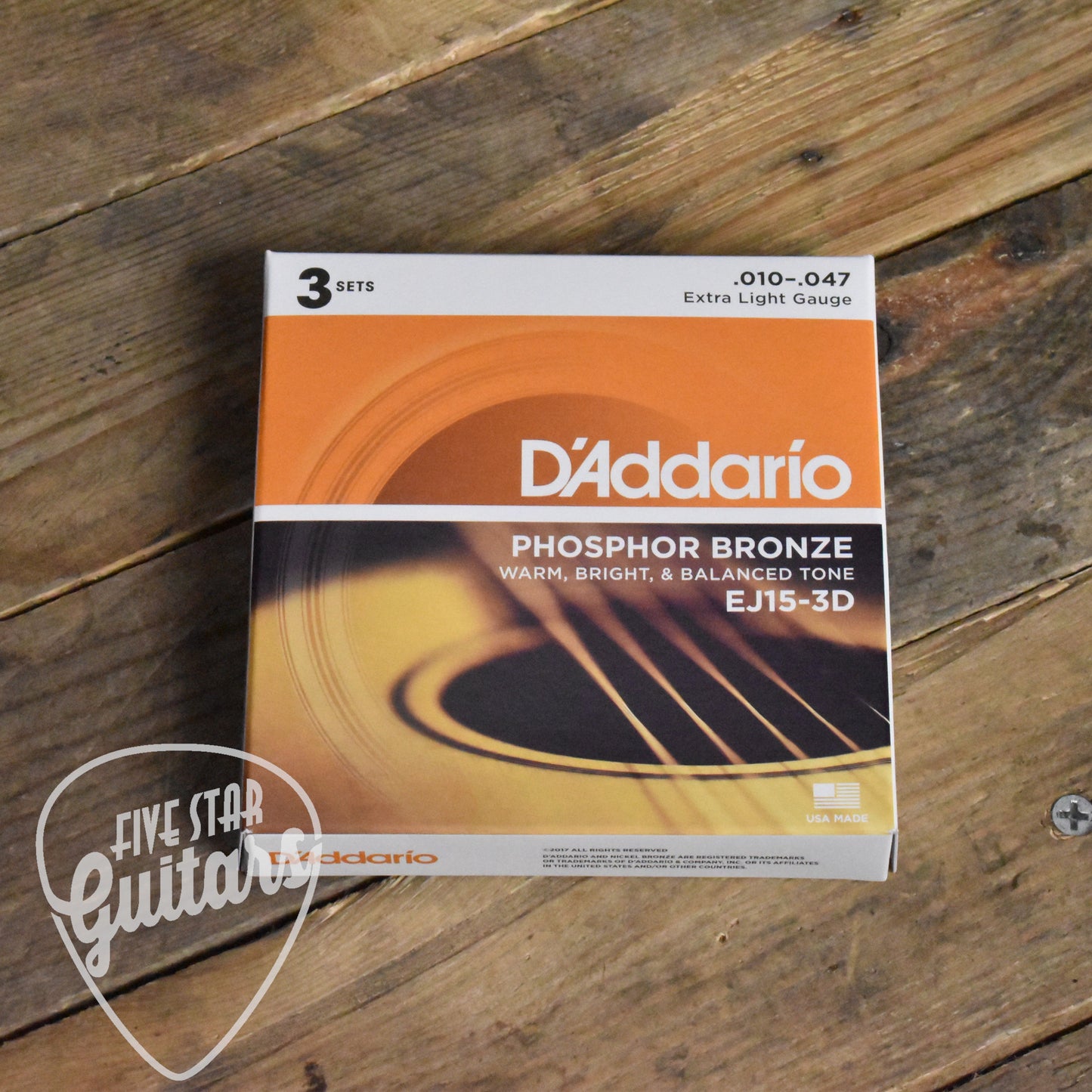 D'Addario EJ15-3D 3-Pack Phosphor Bronze Acoustic Guitar Strings Extra Light 10-47