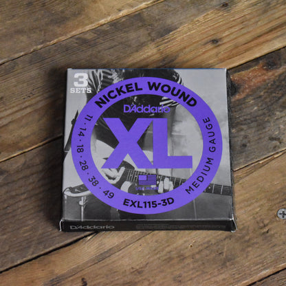 D'Addario EXL115-3D 3-Pack Nickel Wound Electric Guitar Strings Blues Jazz Rock 11-49