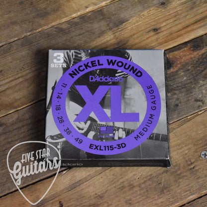 D'Addario EXL115-3D 3-Pack Nickel Wound Electric Guitar Strings Blues Jazz Rock 11-49