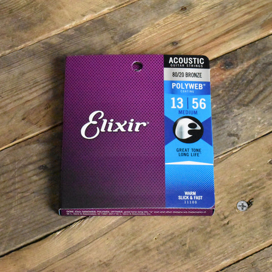 Elixir 11100 Polyweb Coated 80/20 Bronze Acoustic Guitar Strings Medium 13-56