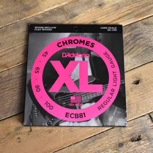 D'Addario ECB81 Chromes Flatwound Long Scale Electric Bass Guitar Strings Regular Light 45-100