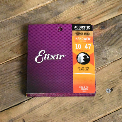 Elixir 16002 Phosphor Bronze Nanoweb Coated Acoustic Guitar Strings Extra Light 10-47