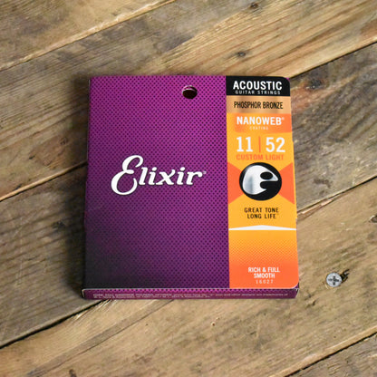 Elixir 16027 Phosphor Bronze Nanoweb Coated Acoustic Guitar Strings Custom Light 11-52