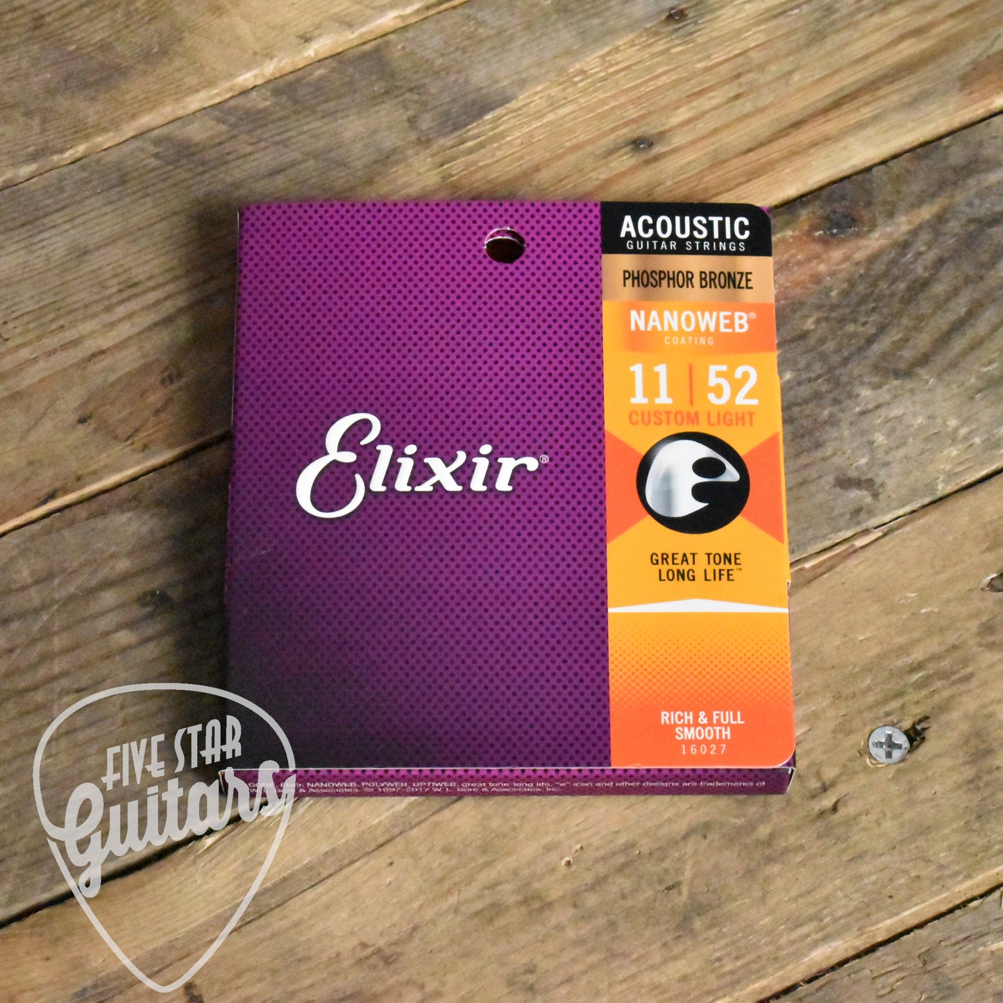 Elixir 16027 Phosphor Bronze Nanoweb Coated Acoustic Guitar Strings Custom Light 11-52