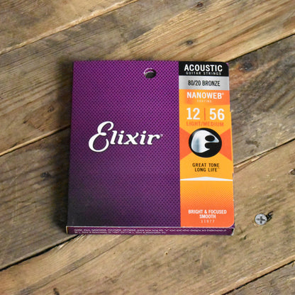 Elixir 11077 Nanoweb Coated 80/20 Bronze Acoustic Guitar Strings Light Medium 12-56