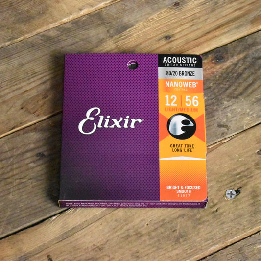 Elixir 11077 Nanoweb Coated 80/20 Bronze Acoustic Guitar Strings Light Medium 12-56