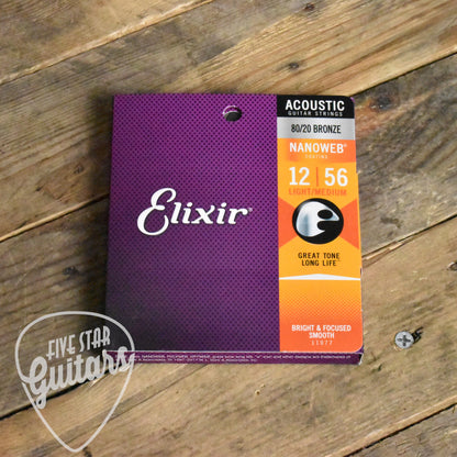 Elixir 11077 Nanoweb Coated 80/20 Bronze Acoustic Guitar Strings Light Medium 12-56