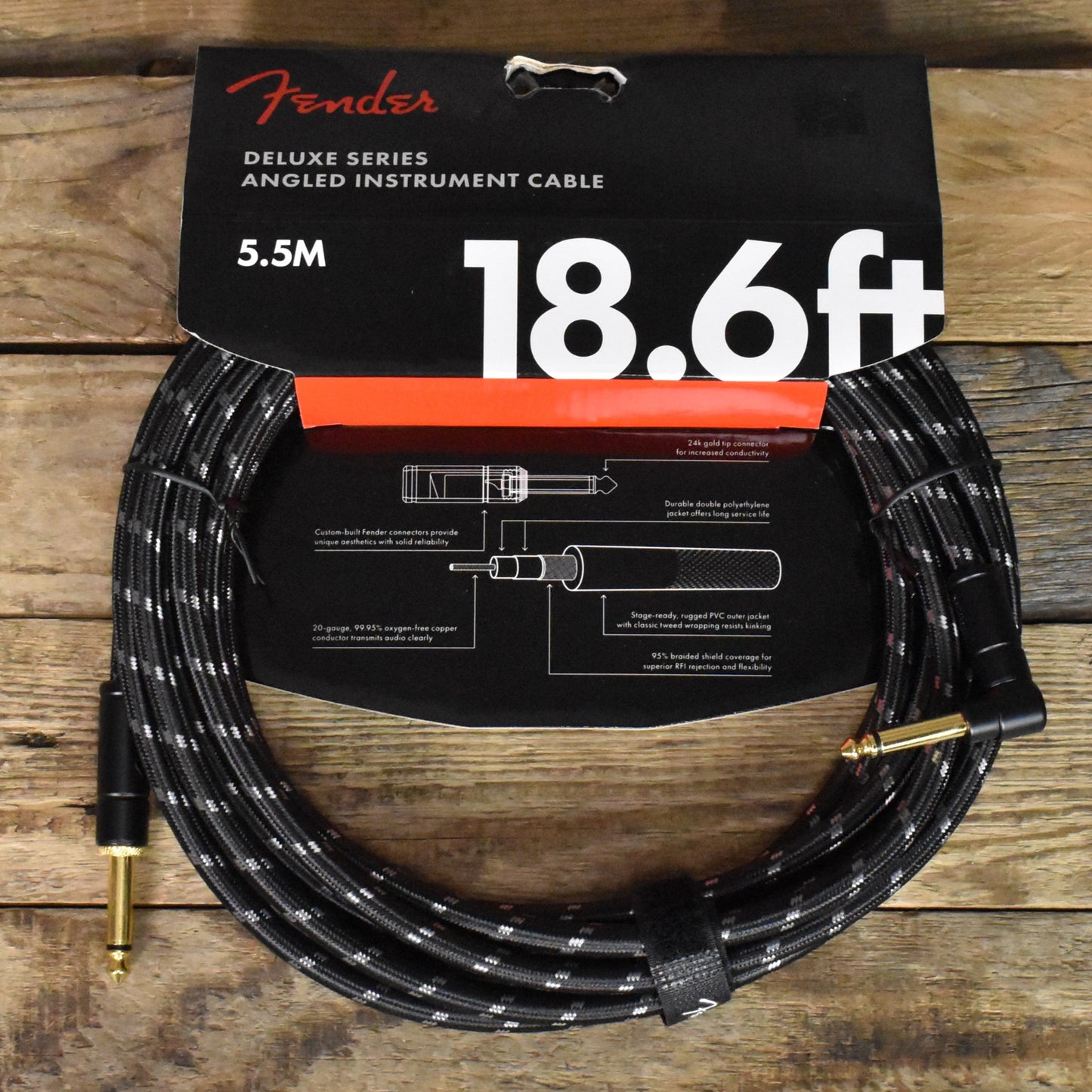 Fender 18.6' Deluxe Series Straight to Right Angle Instrument Cable - Black Tweed