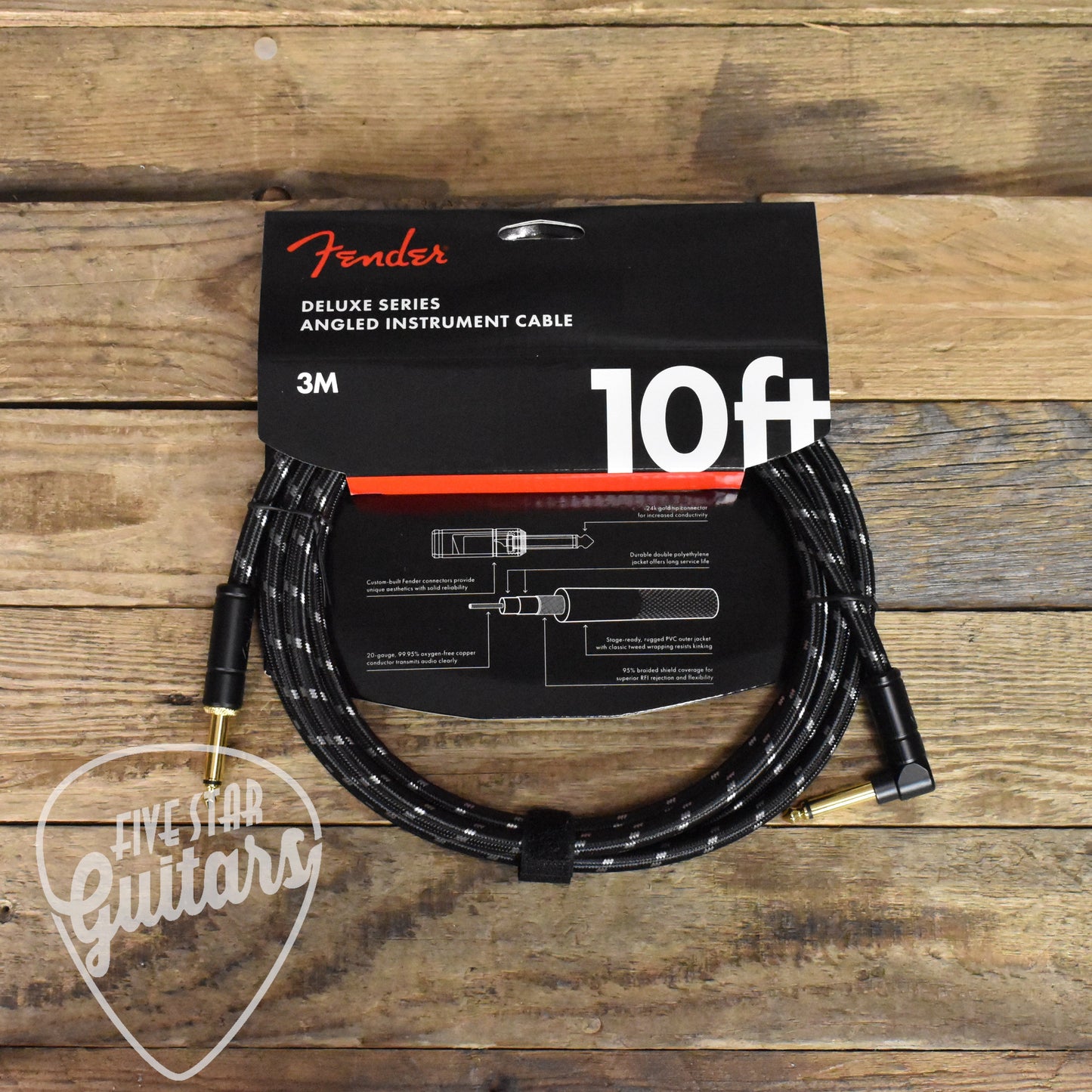 Fender 10'  Deluxe Series Straight to Right Angle Instrument Cable - Black Tweed