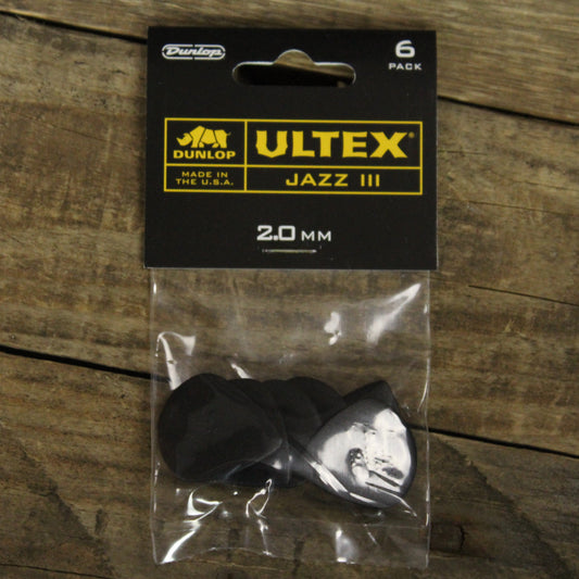 Dunlop Black Ultex Jazz III Sculpted Tip 2.0mm Guitar Picks - 6 Pack - 427P200