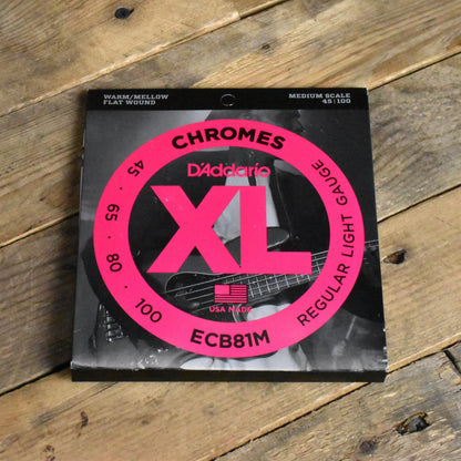 D'Addario ECB81 Chromes Flatwound Medium Scale Bass Guitar Strings Light 45-100