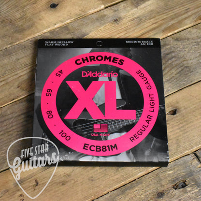 D'Addario ECB81 Chromes Flatwound Medium Scale Bass Guitar Strings Light 45-100