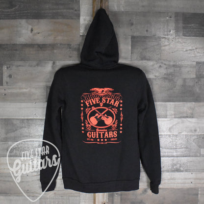 Five Star Guitars Hoodie - Whiskey Logo - Pantone Red on Black - Medium