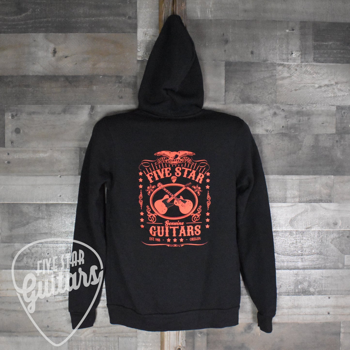 Five Star Guitars Hoodie - Whiskey Logo - Pantone Red on Black - Large