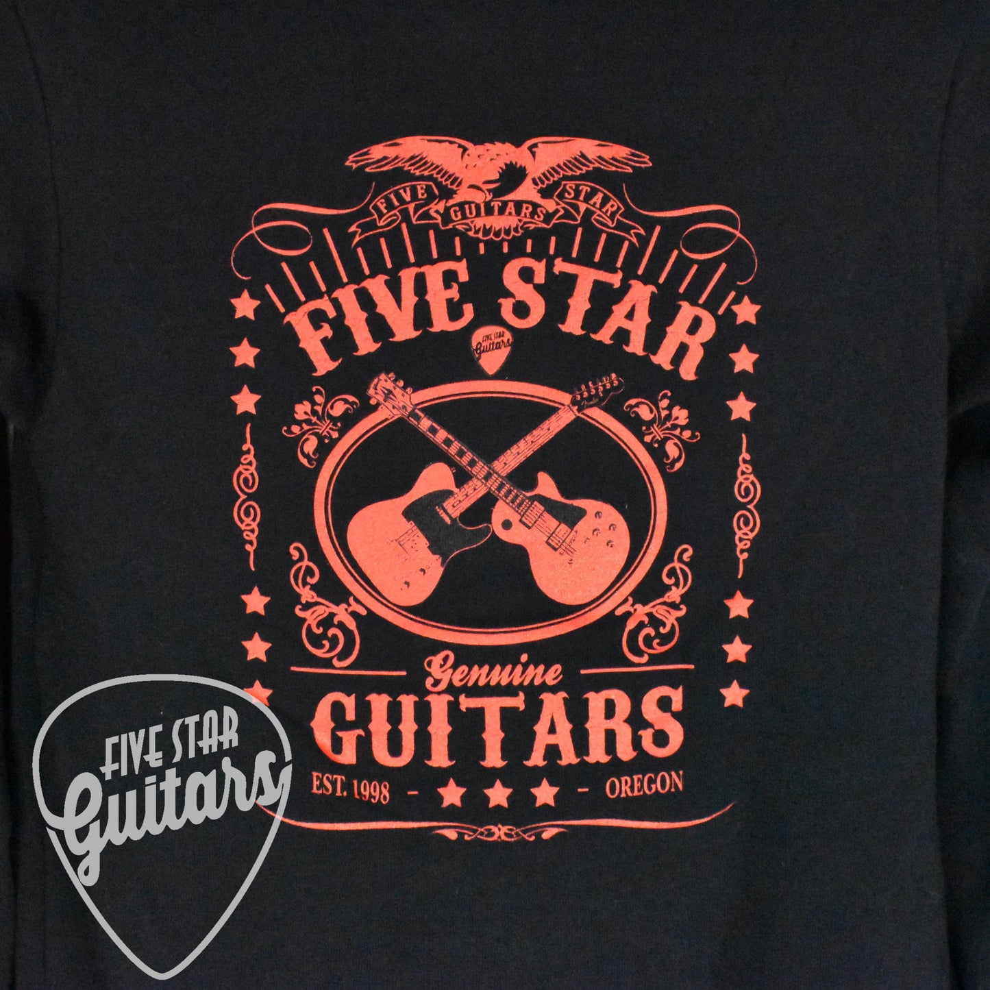 Five Star Guitars Hoodie - Whiskey Logo - Pantone Red on Black - Large