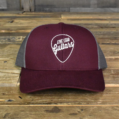 Five Star Guitars Trucker Hat Burgundy & Charcoal w/ White Embroidery