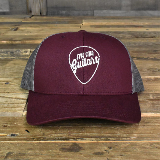 Five Star Guitars Trucker Hat Burgundy & Charcoal w/ White Embroidery