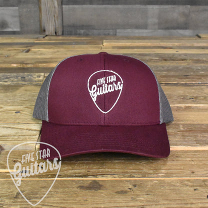 Five Star Guitars Trucker Hat Burgundy & Charcoal w/ White Embroidery