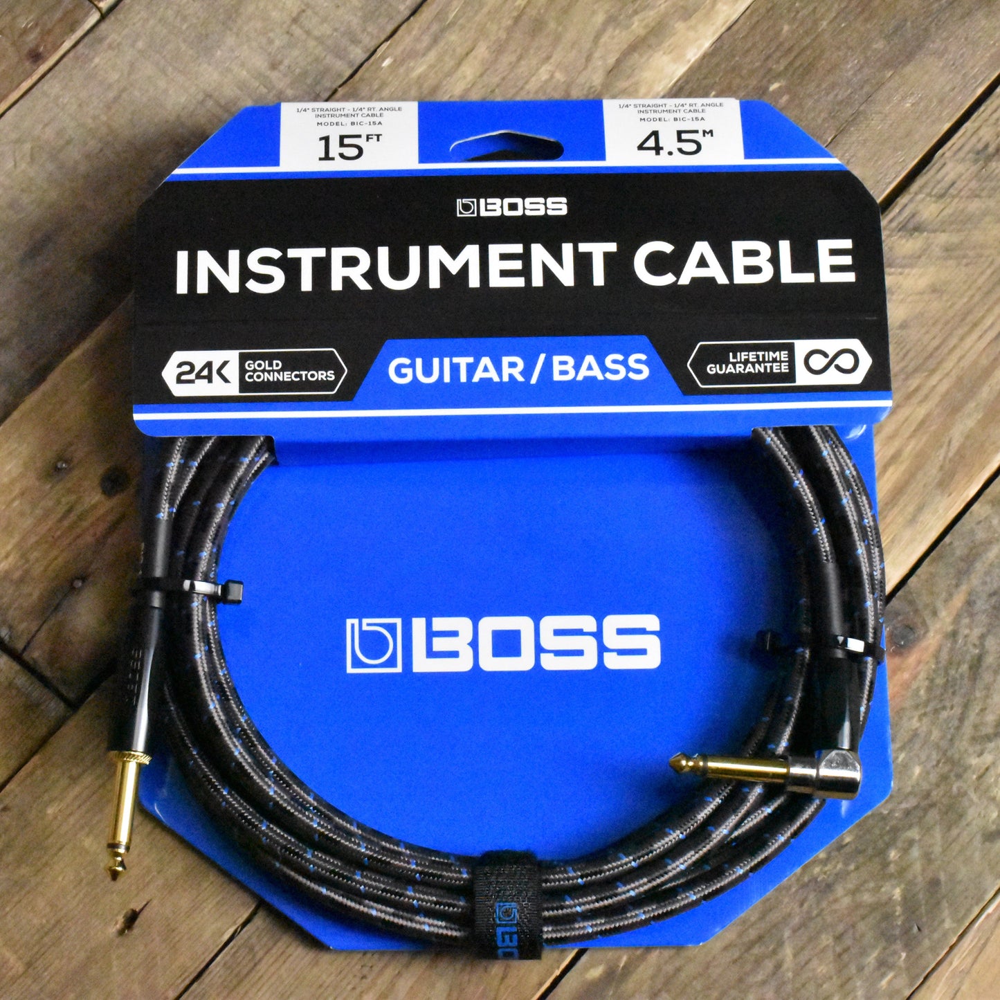 Boss BIC-15A Instrument Cable - 15ft/4.5M - Straight/Right Angle  - 1/4" Jack