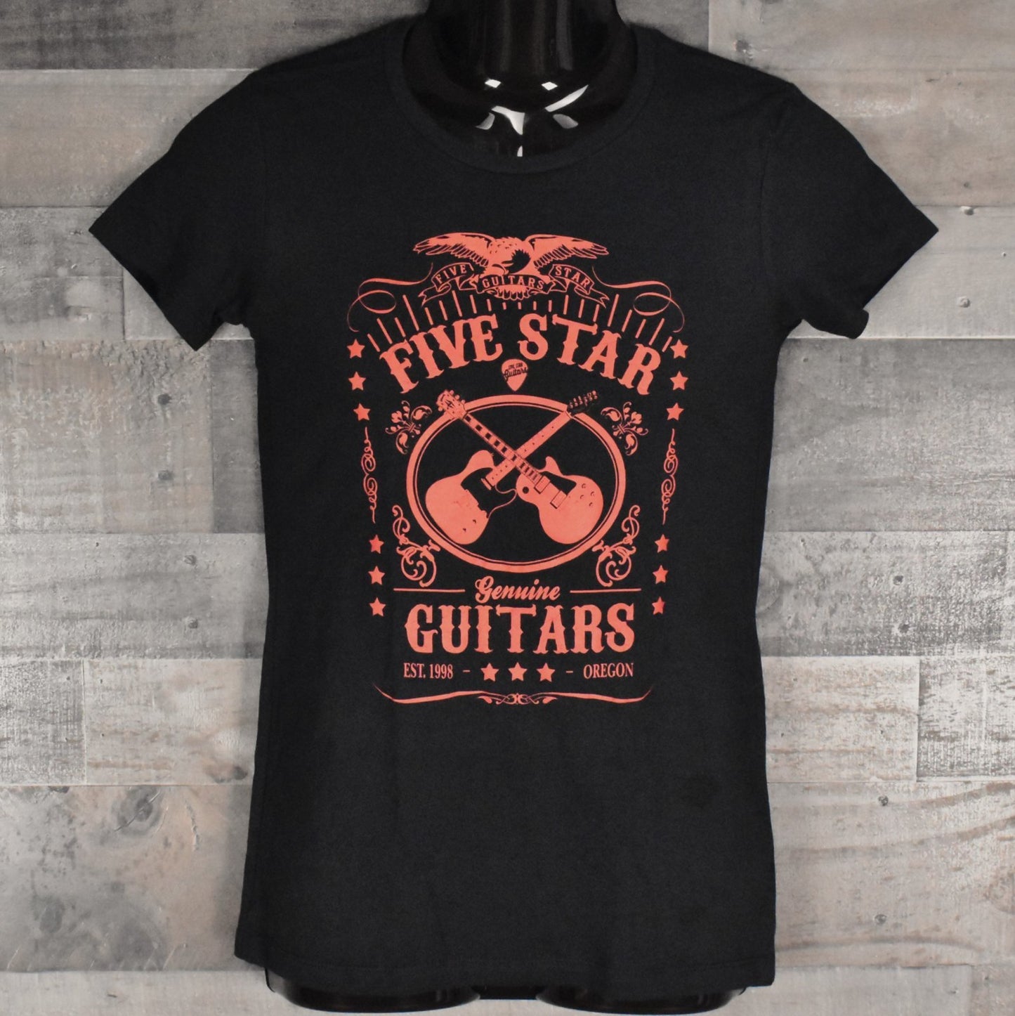 Five Star Guitars Women's Shirt - Whiskey Logo Pantone Red on Black - L