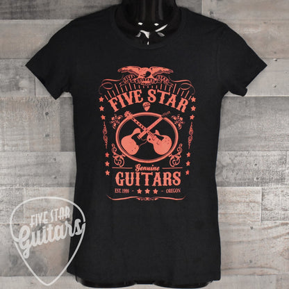 Five Star Guitars Women's Shirt - Whiskey Logo Pantone Red on Black - L