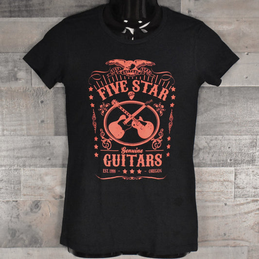 Five Star Guitars Women's Shirt - Whiskey Logo Pantone Red on Black - Large