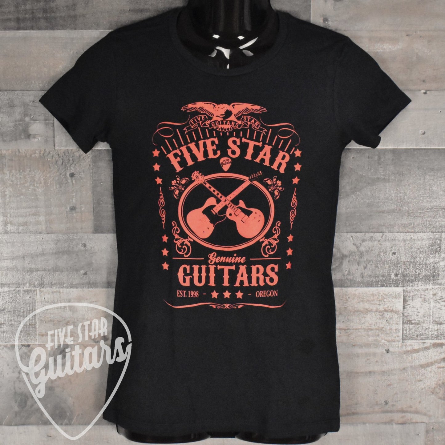 Five Star Guitars Women's Shirt - Whiskey Logo Pantone Red on Black - Extra Large