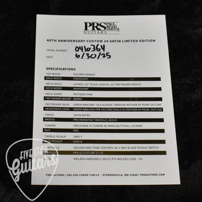PRS 40th Anniversary Custom 24 Satin Limited Edition - Charcoal Tri-Color Burst with PRS Molded Hardshell Case