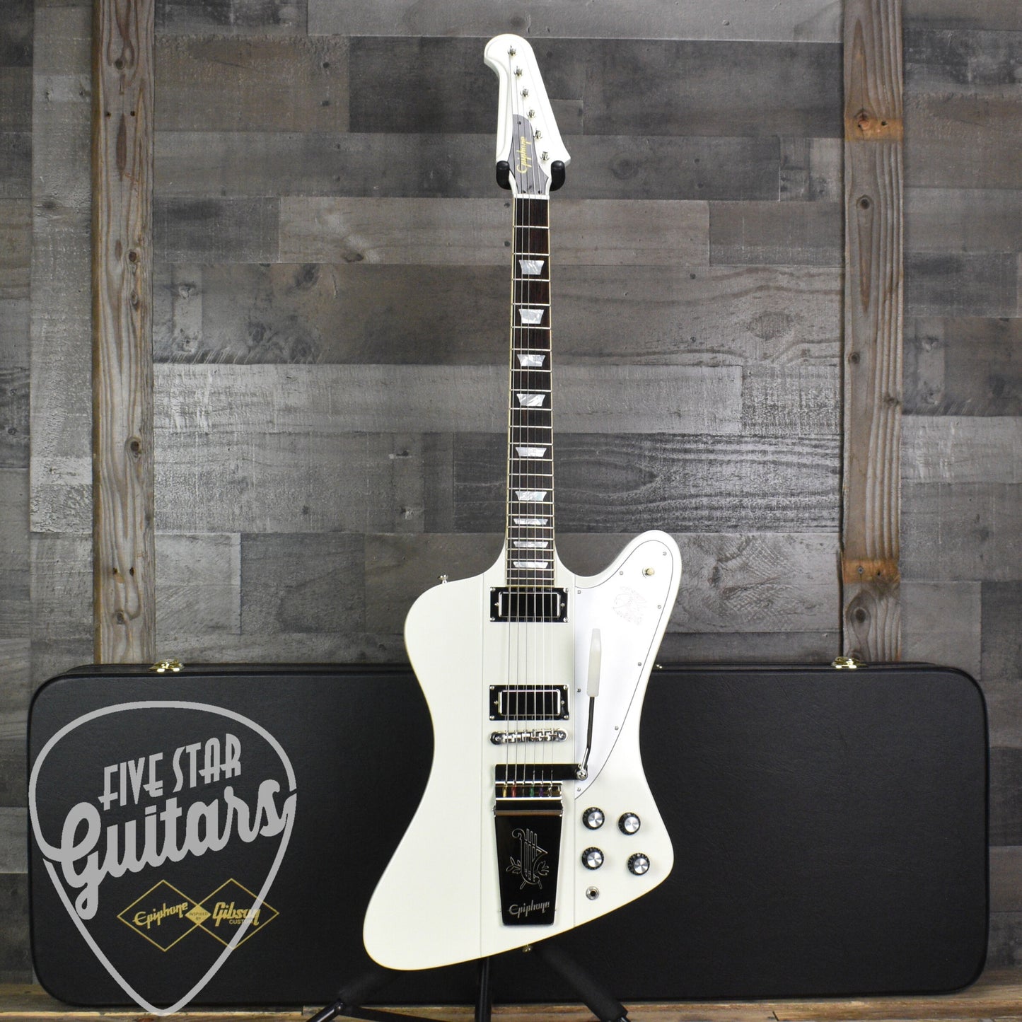 Epiphone 1963 Firebird V Maestro Vibrola Reissue - Polaris White with Hardshell Case