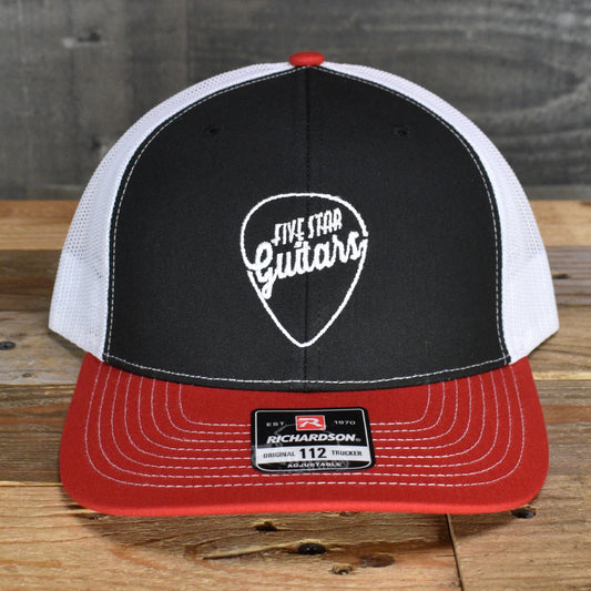 Five Star Guitars Snapback Trucker Cap - Black/White/Red with White Pick Logo