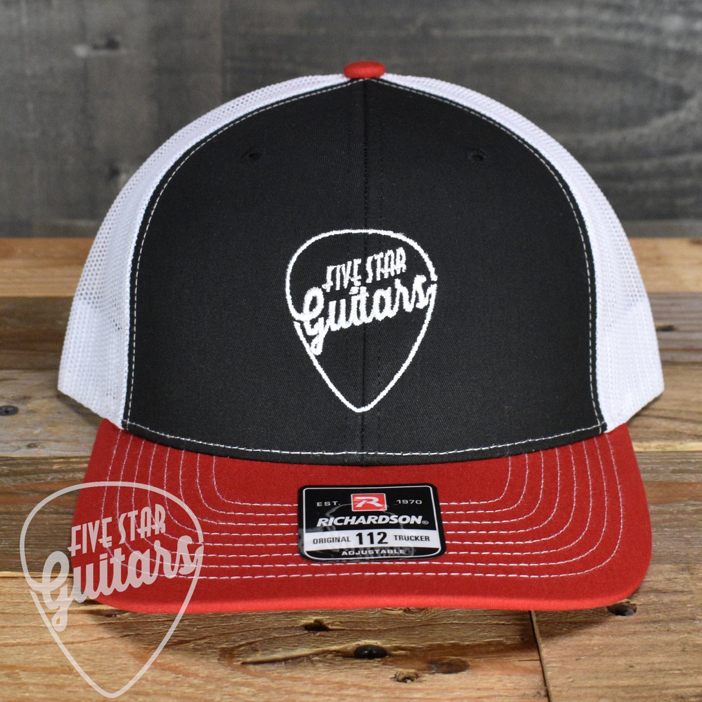 Five Star Guitars Snapback Trucker Cap - Black/White/Red with White Pick Logo