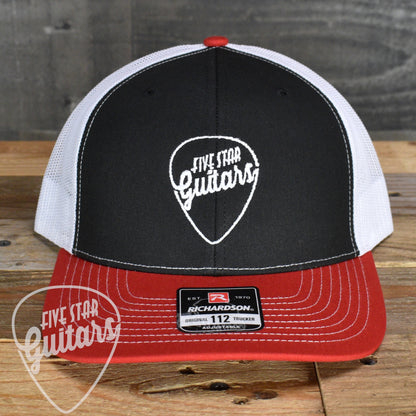 Five Star Guitars Snapback Trucker Cap - Black/White/Red with White Pick Logo
